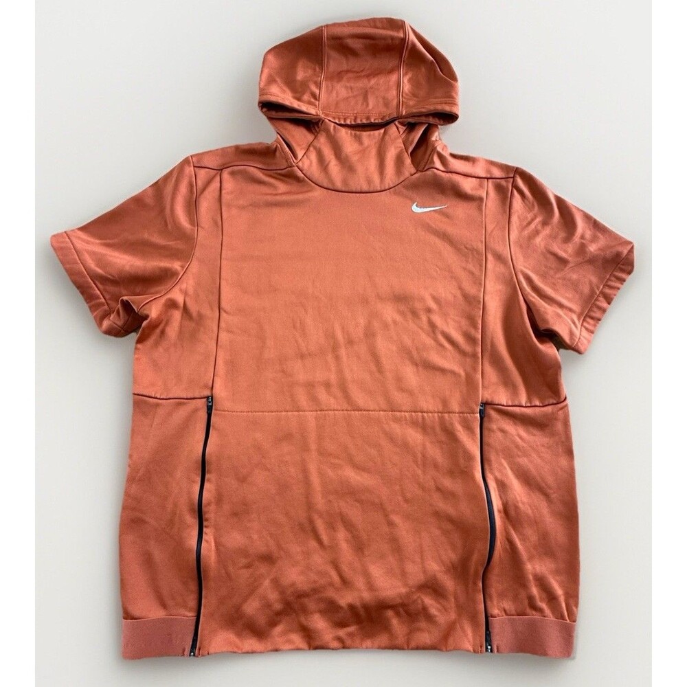 Nike Mens Sz L Pro Training Hoodie 1/4 Zip Hooded Ribbed Short Sleeve Orange GUC